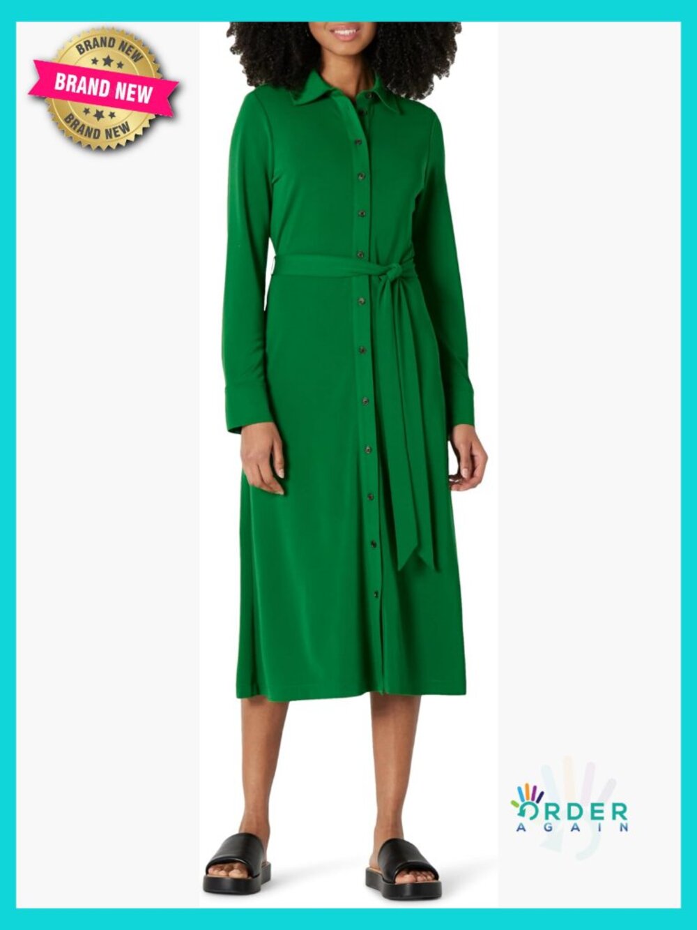 Regular Fit Midi Shirt Dress Elegant Chic Matte Jersey Button Front Long Sleeve